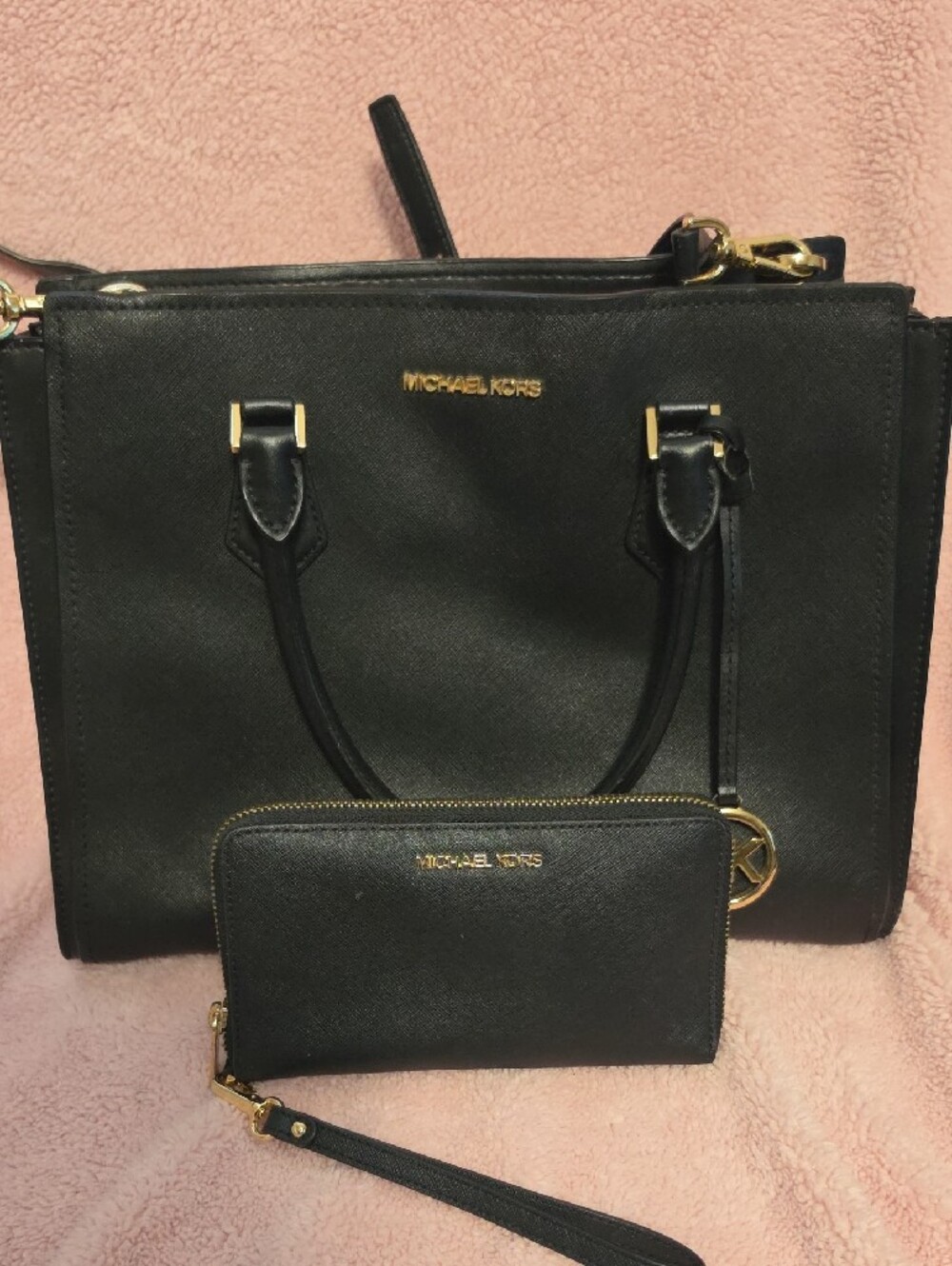 Michael Kors Black Leather Satchel with Gold Hardware W/ Wallet